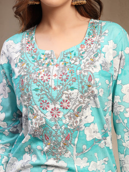 Women Turquoise Blue Pure Cotton Kurta Sets