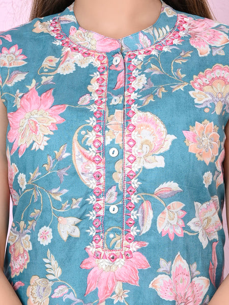 Women Blue Floral Printed Mandarin Collar Cotton Straight Kurta