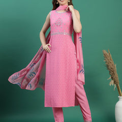 Women Pink Embroidered Sleeveless Straight Kurta Set