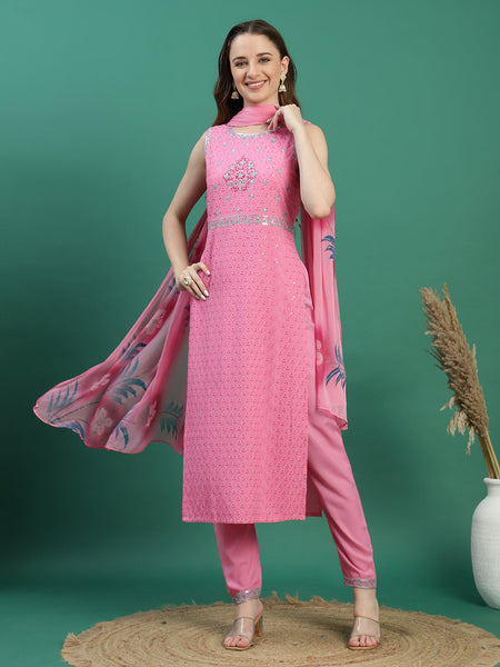 Women Pink Embroidered Sleeveless Straight Kurta Set
