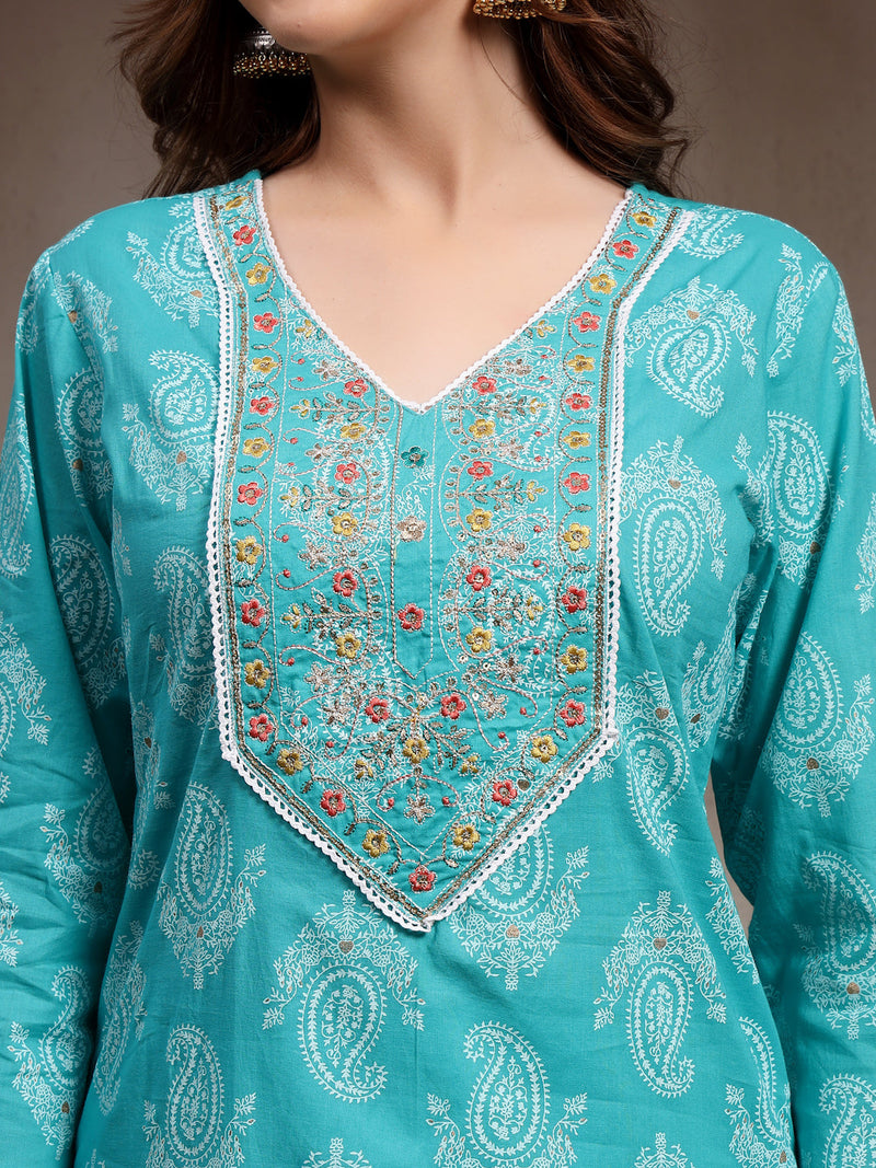 Women Turquoise Blue Pure Cotton Kurta Set