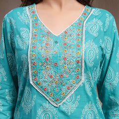 Women Turquoise Blue Pure Cotton Kurta Set