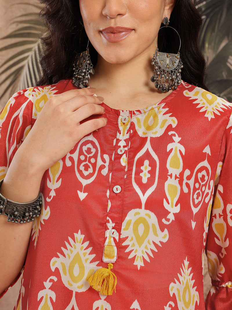 Women Rust Printed Chinnon Kurta with Palazzos