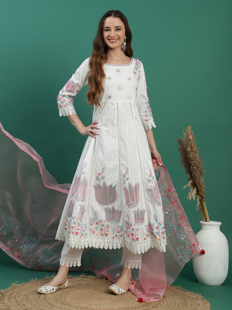 Women White Floral Embroidered Sequined Anarkali Cotton Kurta With Trousers & Dupatta