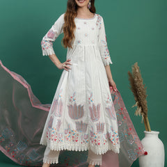 Women White Floral Embroidered Sequined Anarkali Cotton Kurta With Trousers & Dupatta