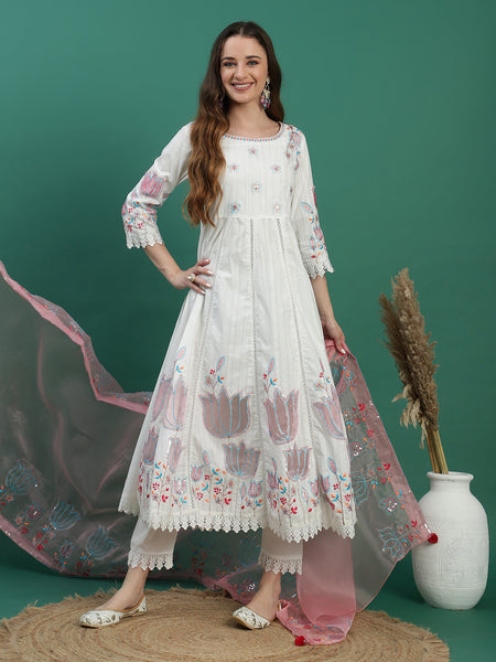 Women White Floral Embroidered Sequined Anarkali Cotton Kurta With Trousers & Dupatta