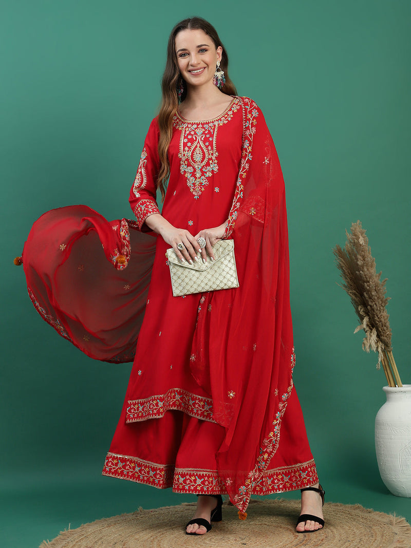 Women Red Embroidered Straight Kurta Set
