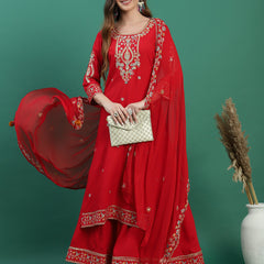 Women Red Embroidered Straight Kurta Set