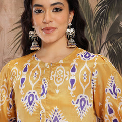 Women Yellow Printed Chinnon Kurta with Palazzos