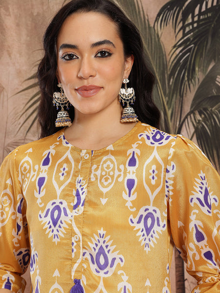 Women Yellow Printed Chinnon Kurta with Palazzos