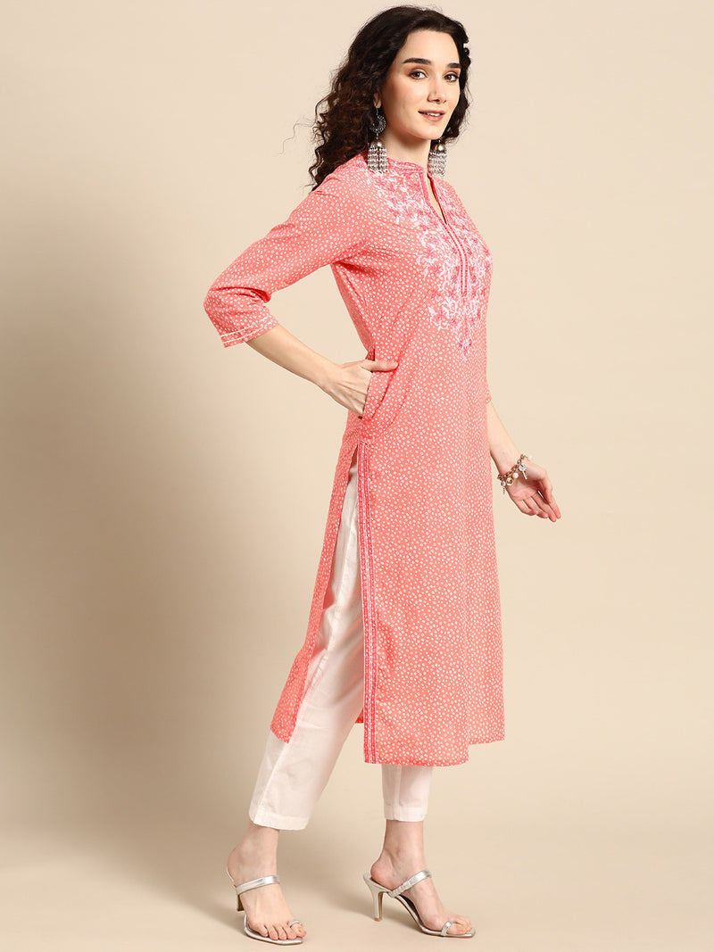 Women Pink Embroidered Straight Cotton Kurta