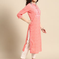 Women Pink Embroidered Straight Cotton Kurta