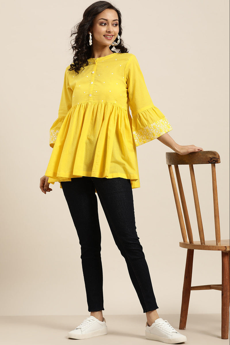 Front view yellow bell sleeve top women
