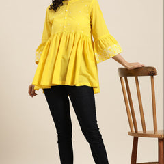 Front view yellow bell sleeve top women
