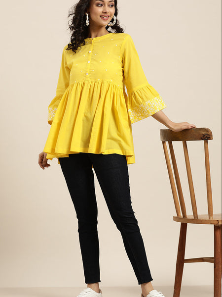 Front view yellow bell sleeve top women
