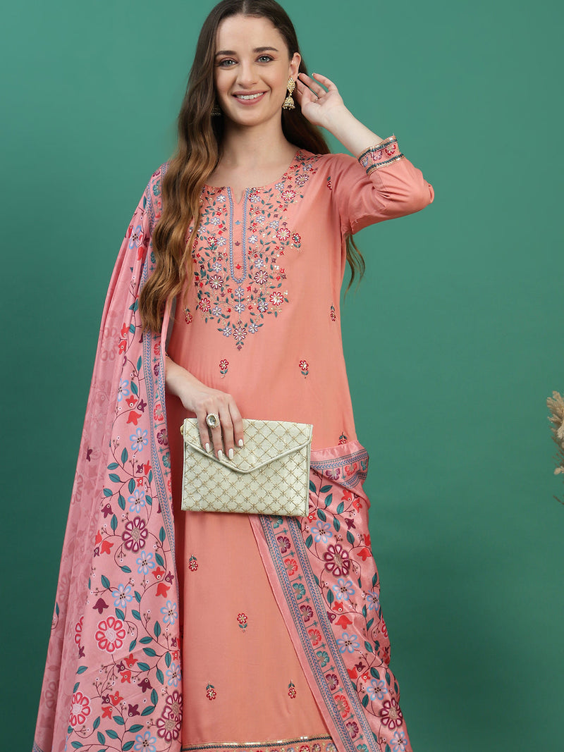 Women Peach Color Embroidered Straight Kurta Set