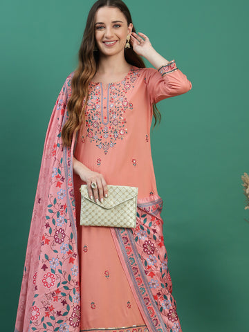 Women Peach Color Ethnic Motifs Embroidered Regular Sequinned Kurta with Trousers & With Dupatta