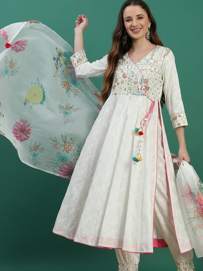 Women White Embroidered Angrakha Kurta Set