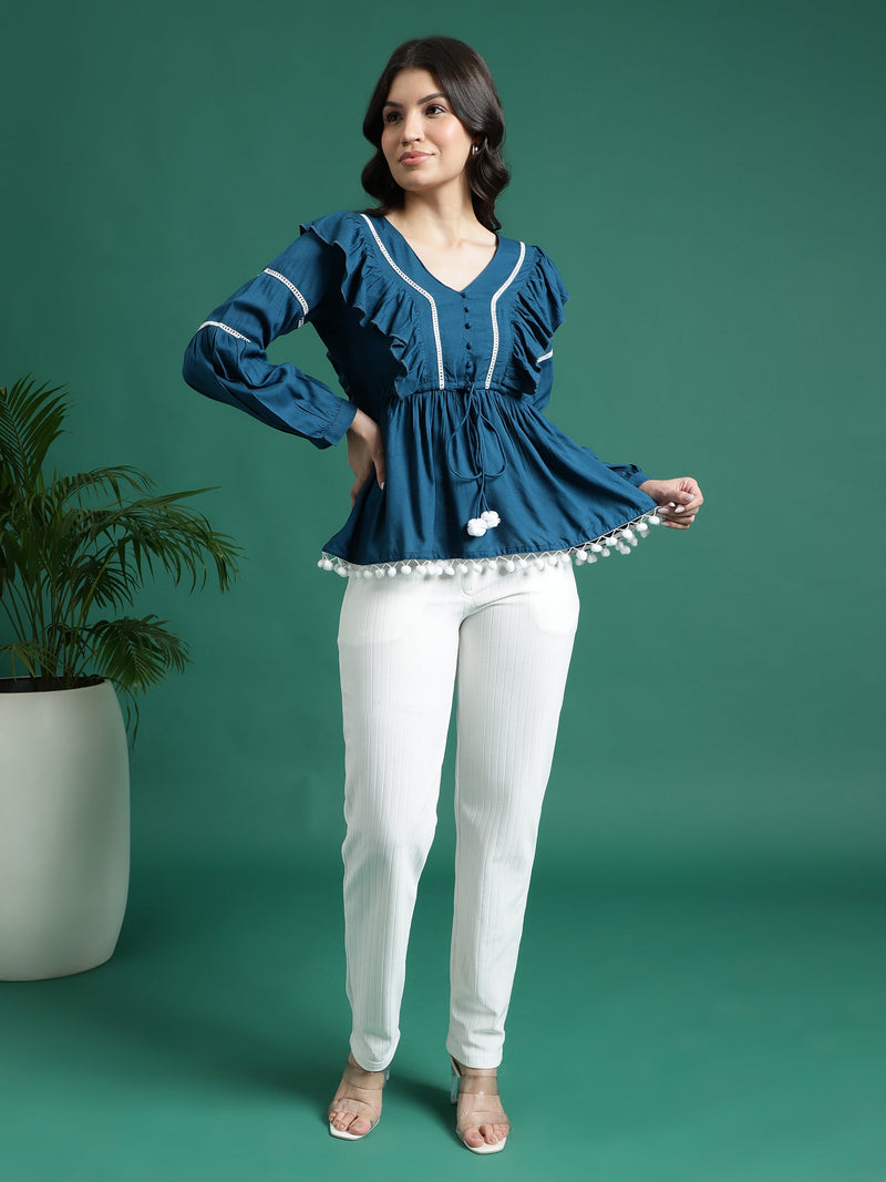 Women Blue V-Neck Gathered Cotton Peplum Tops