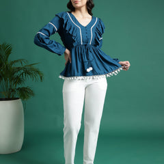 Women Blue V-Neck Gathered Cotton Peplum Tops