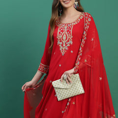 Women Red Embroidered Straight Kurta Set