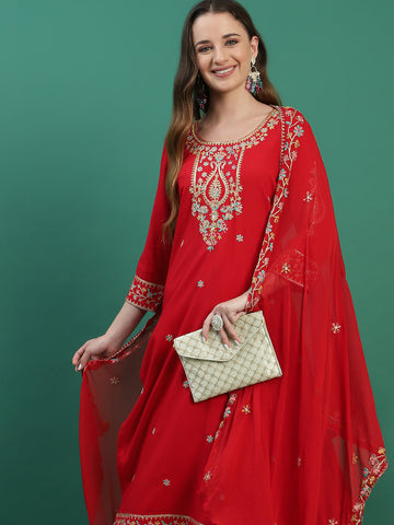 Women Red Color Embroidery Kurta Sharara With Dupatta Set