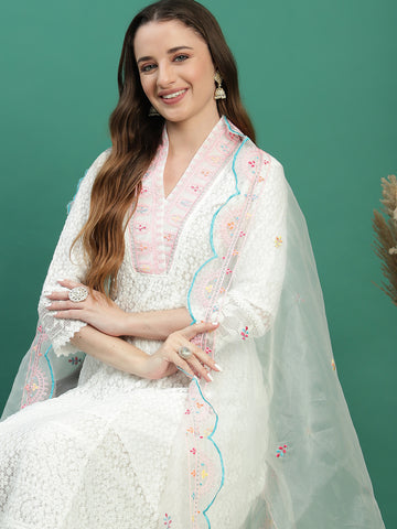 Women White Color Ethnic Motifs Embroidered Regular Sequinned Kurta with Sharara & With Dupatta