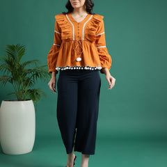 Women Mustard Color V-Neck Gathered Cotton Peplum Tops