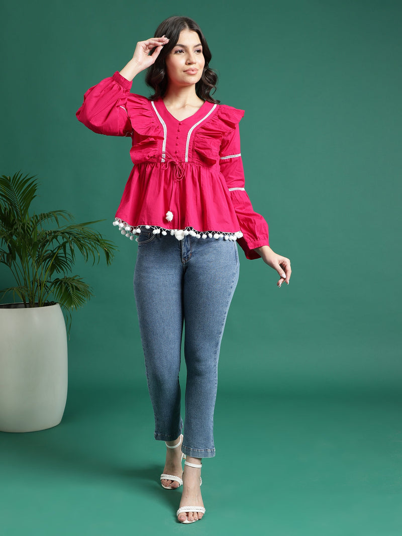 Women Pink Color V-Neck Gathered Cotton Peplum Tops
