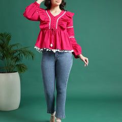 Women Pink Color V-Neck Gathered Cotton Peplum Tops