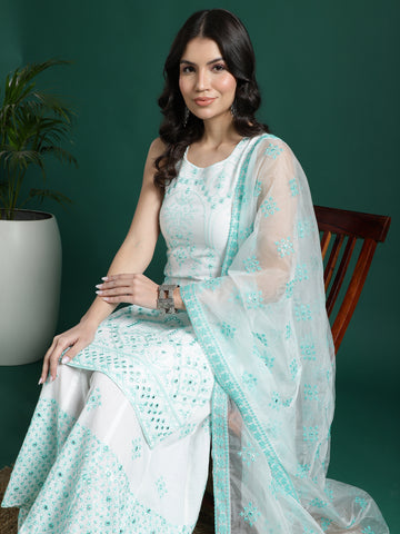 Women White Color Embroidery Kurta Sharara With Dupatta Set