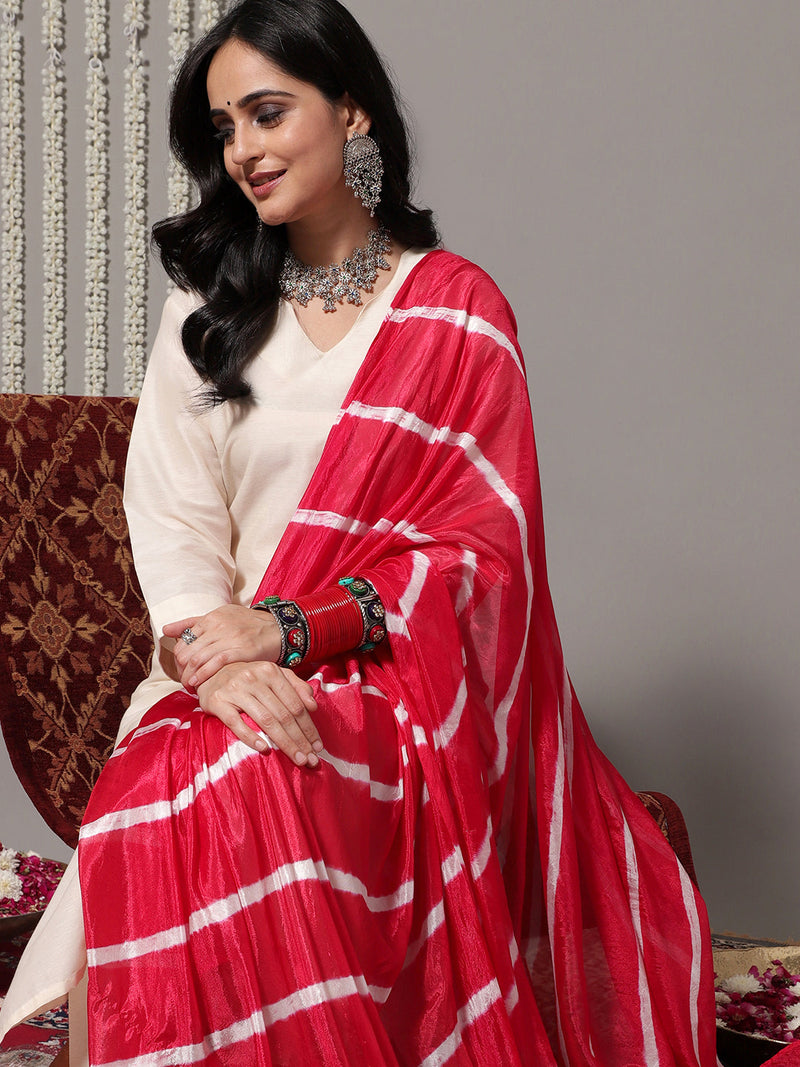 Women Off White V-Neck Straight Kurta With Trousers & Dupatta