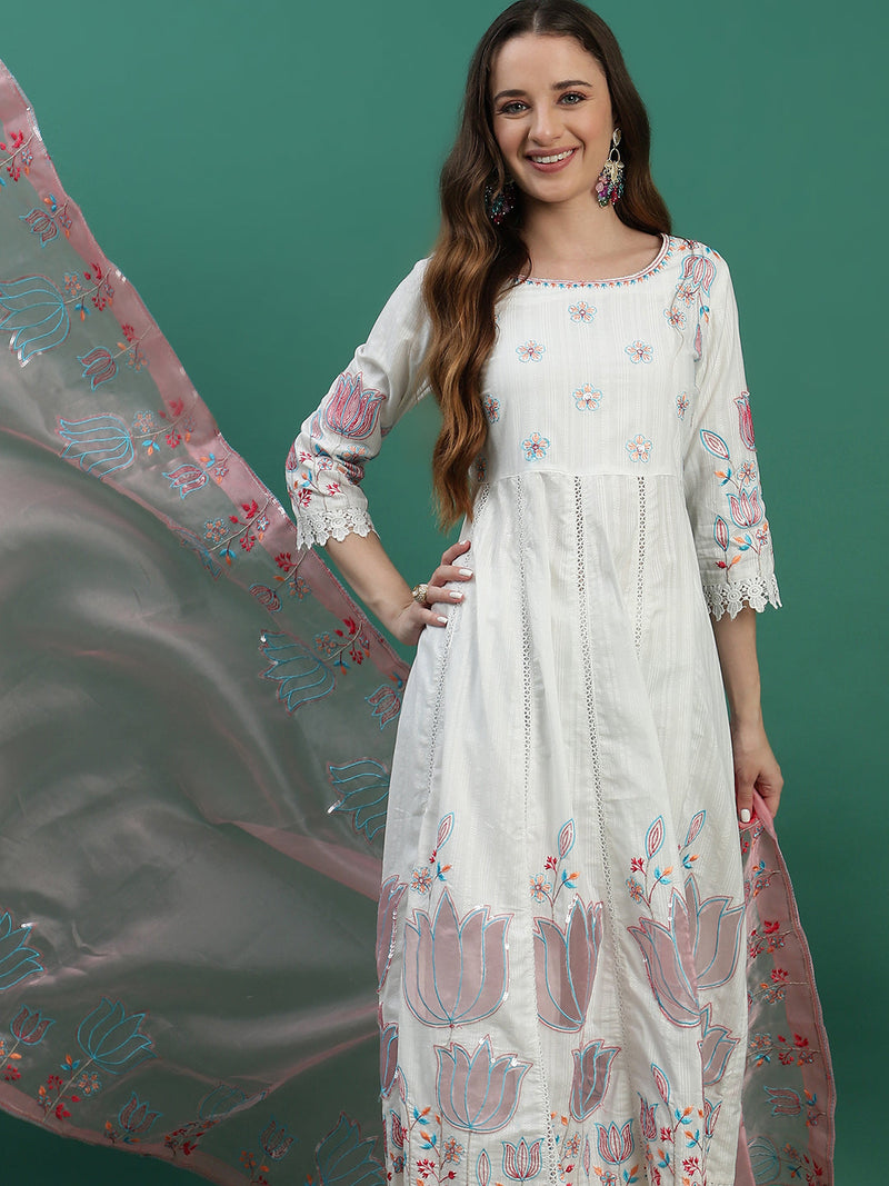 Women White Floral Embroidered Sequined Anarkali Cotton Kurta With Trousers & Dupatta