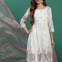 Women White Floral Embroidered Sequined Anarkali Cotton Kurta With Trousers & Dupatta
