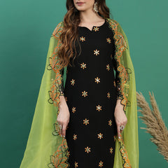Women Black Embroidered Straight Kurta Set