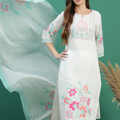Elegant White Cotton Printed Straight Kurta