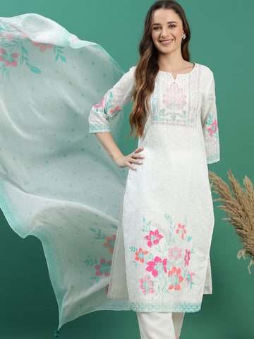 Women White Color Printed Kurta Pant With Dupatta Set