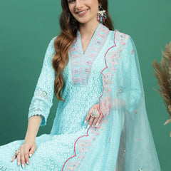 Women Turquoise Blue Embroidered Anarkali Kurta Set