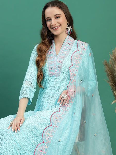 Women Turquoise Blue Embroidered Anarkali Kurta Set