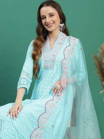 Women Turquoise Color Embroidery Anarkali Kurta Sharara With Dupatta Set