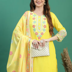 Women Yellow Cotton Embroidered Straight Kurta Set
