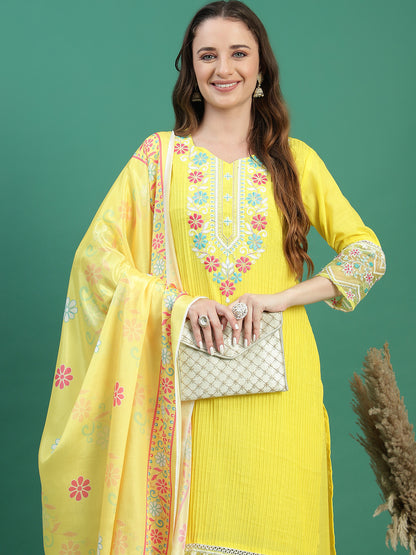Women Yellow Cotton Embroidered Straight Kurta Set
