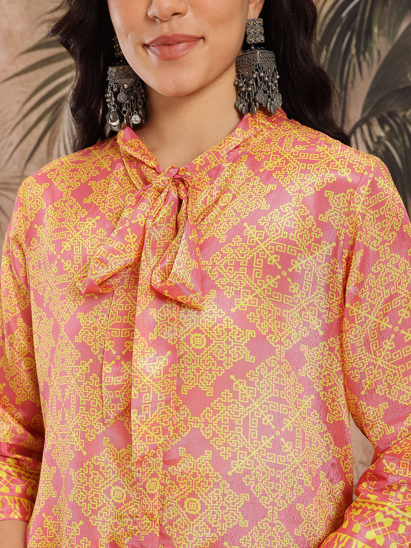 Women Yellow Floral Printed Chinnon Kurta with Palazzos