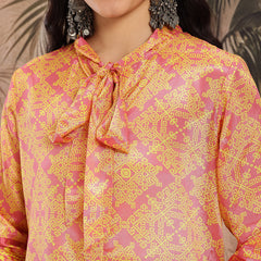 Women Yellow Floral Printed Chinnon Kurta with Palazzos