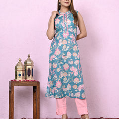 Women Blue Floral Printed Mandarin Collar Cotton Straight Kurta