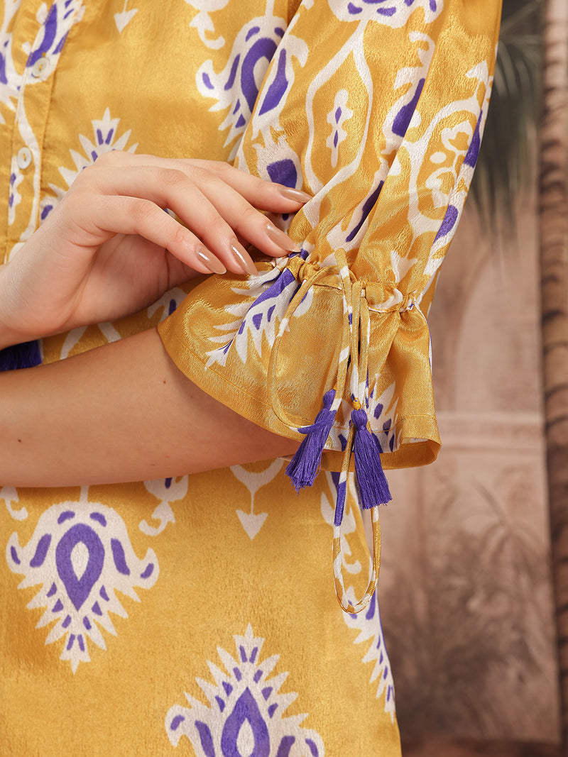 Women Yellow Printed Chinnon Kurta with Palazzos