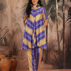 Women Blue Printed Chinnon Kurta with Palazzos