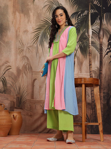 Verdant Elegance Embroidered Cotton Kurta Trouser Set