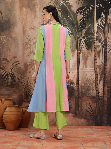 Verdant Elegance Embroidered Cotton Kurta Trouser Set