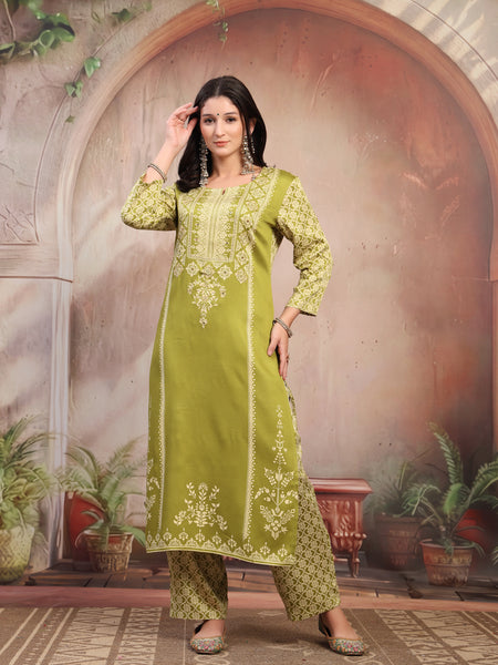Women Green Printed Rayon Kurta Palazzo Set
